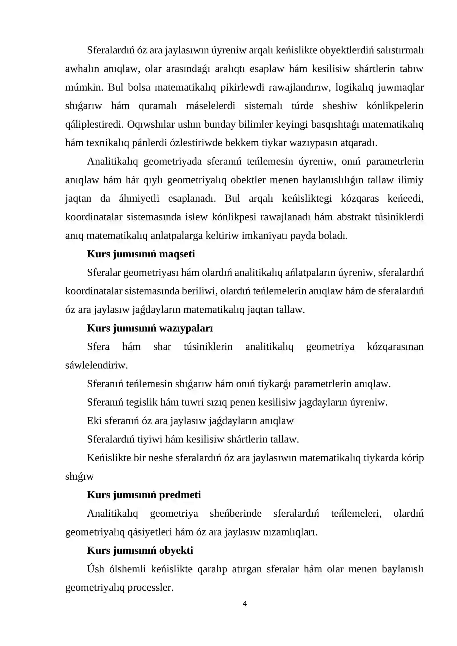 Sferalar geometriyası hám olardıń óz ara jaylasıwı 4