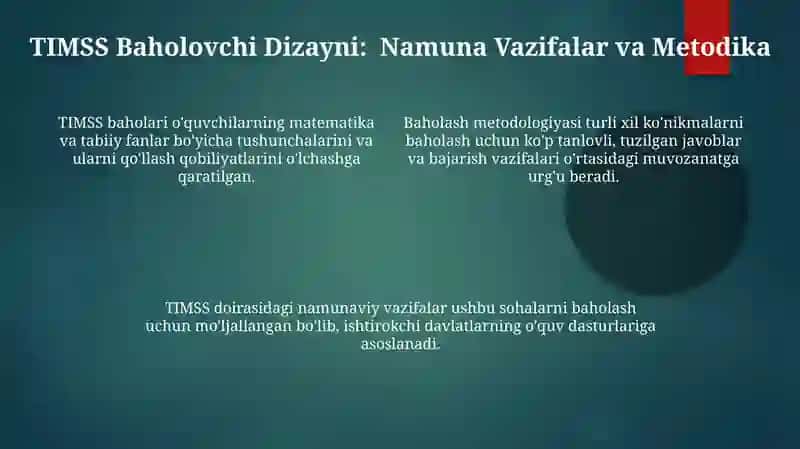 TIMSS va PISA Xalqaro baholash dasturining standardlari (Frame Work) da qayt etilgan topshiriqlar namunalari va ulardan foydalanish metodikasi 4
