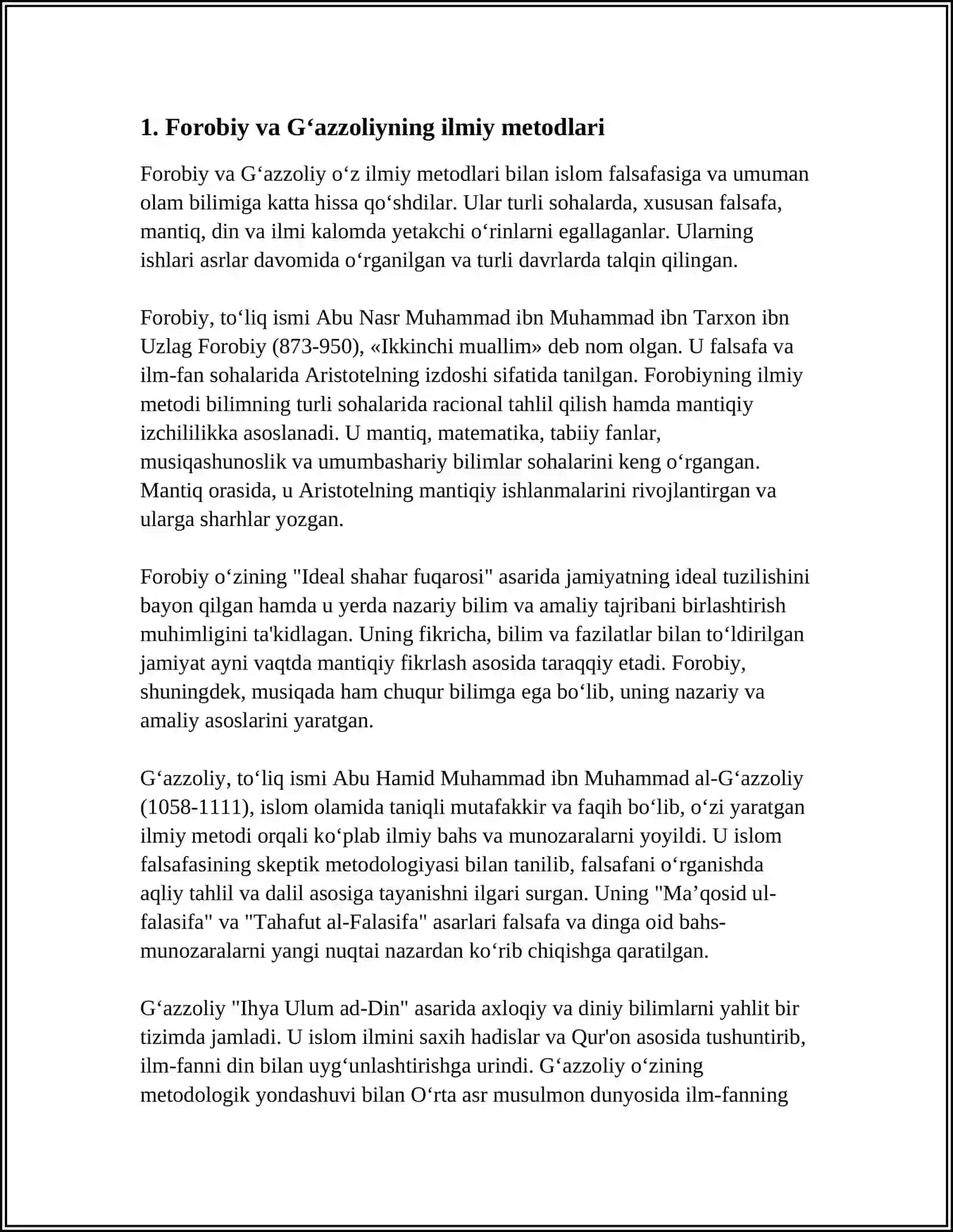ABU NASR FOROBIY VA GʻAZZOLIYNING FALSAFA ILMIGA OID QARASHLARINI QIYOSIY TAHLIL ETISH ( FOROBIYNING "SIYOSAT FALSAFASI" VA GʻAZZOLIYNING "KIMYOI SAODAT" ASARLARI ASOSIDA) 4