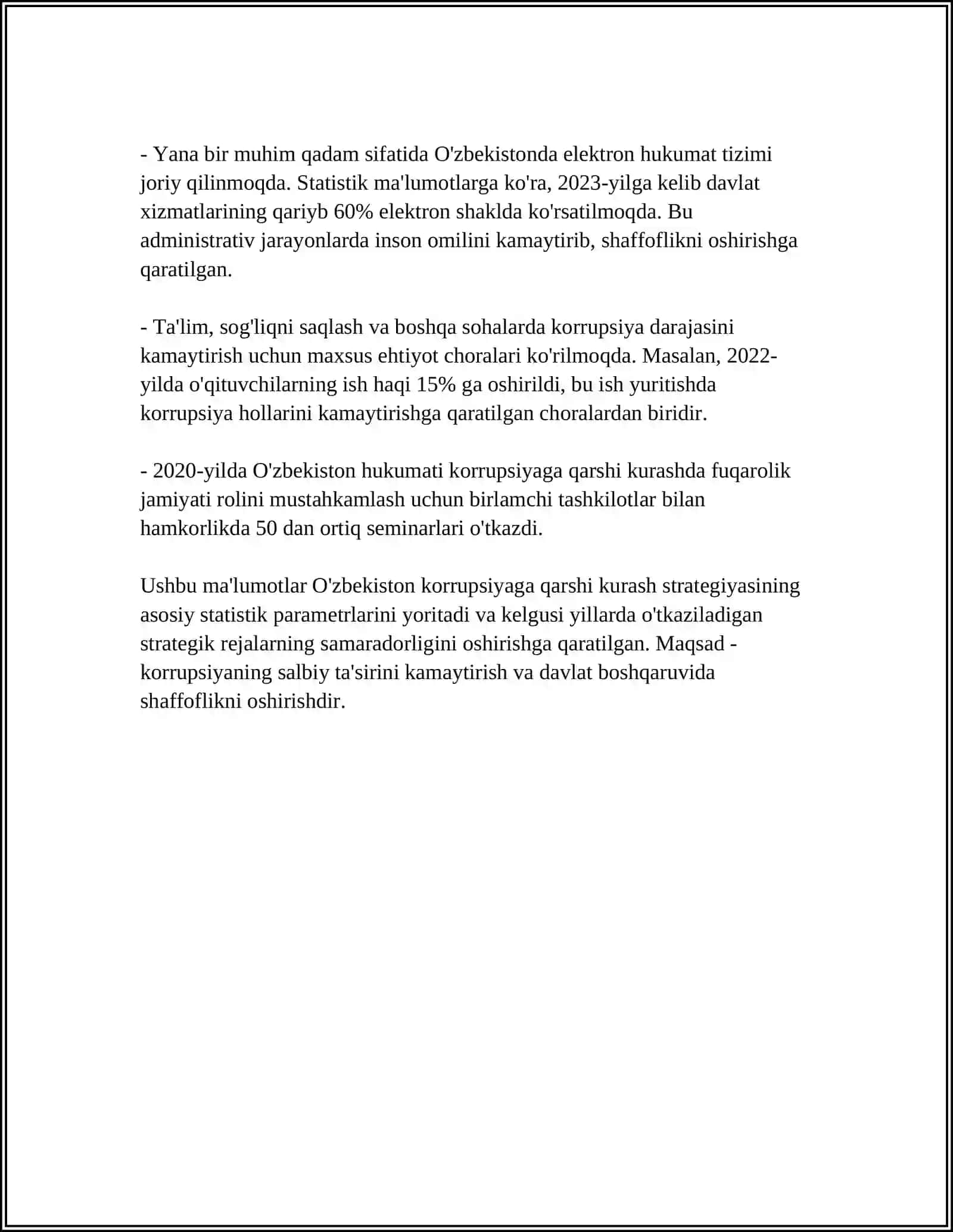 O'ZBEKISTON RESPUBLIKASI KORRUPSIYAGA QARSHI KURASH BORASIDA AMALGA OSHIRILGAN ISLOHOTLAR 4