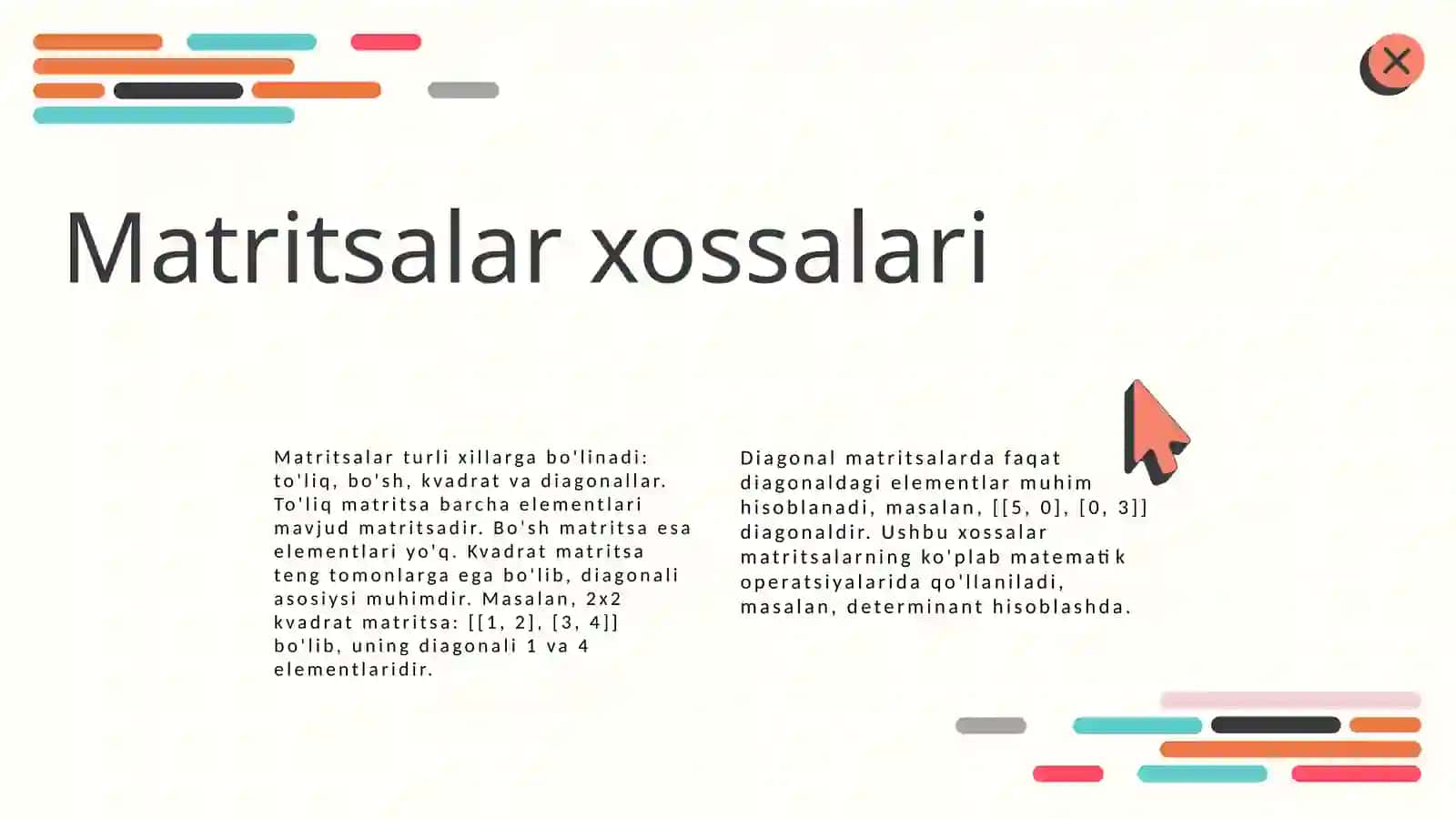 Matritsa va Determinant.Ularning xossalari va ularni hisoblash. 4