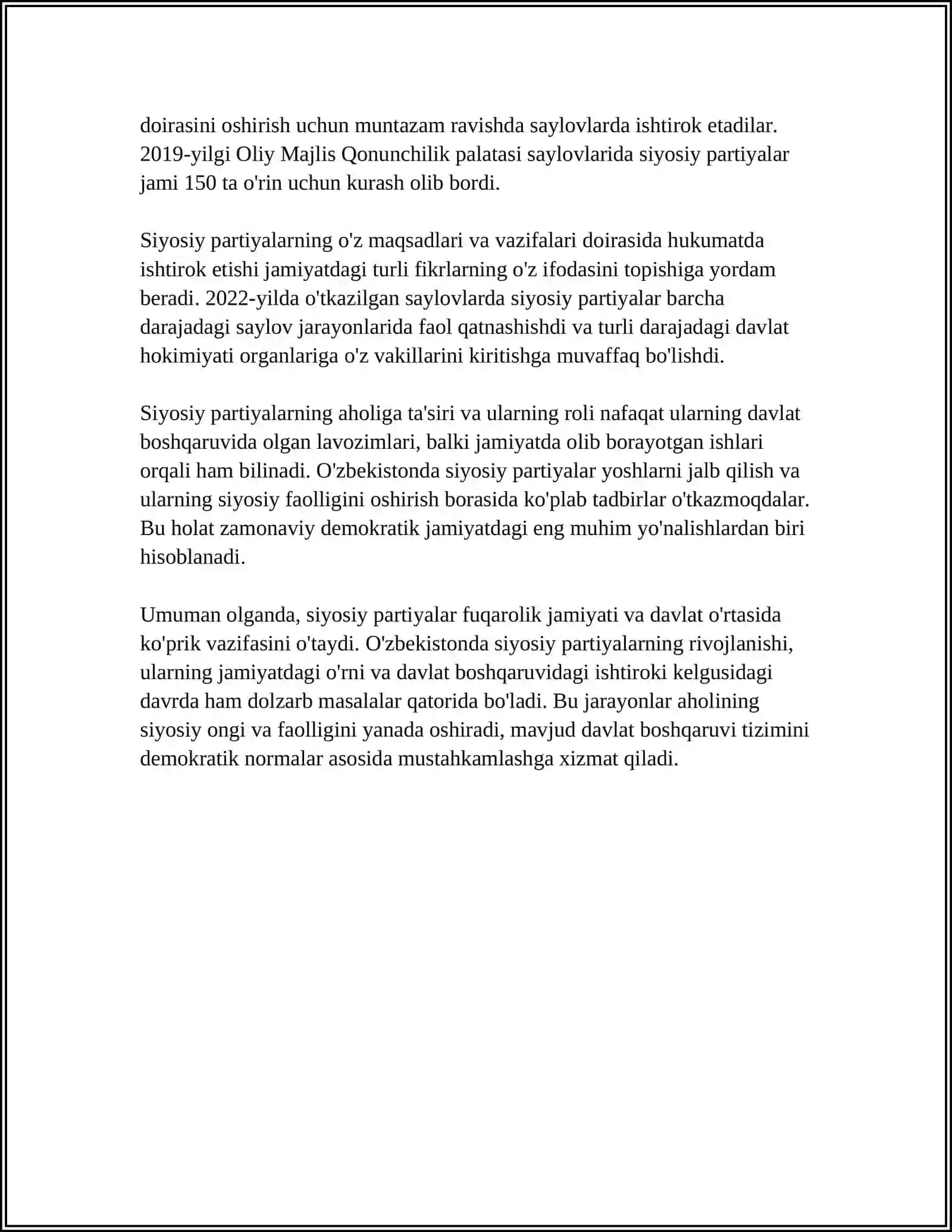 MUSTAQIL ISH Mavzu: SIYOSIY PARTIYALAR: TUSHUNCHASI, ROLI VA ULARNING ASOSIY FUNKTSIYALARI 4