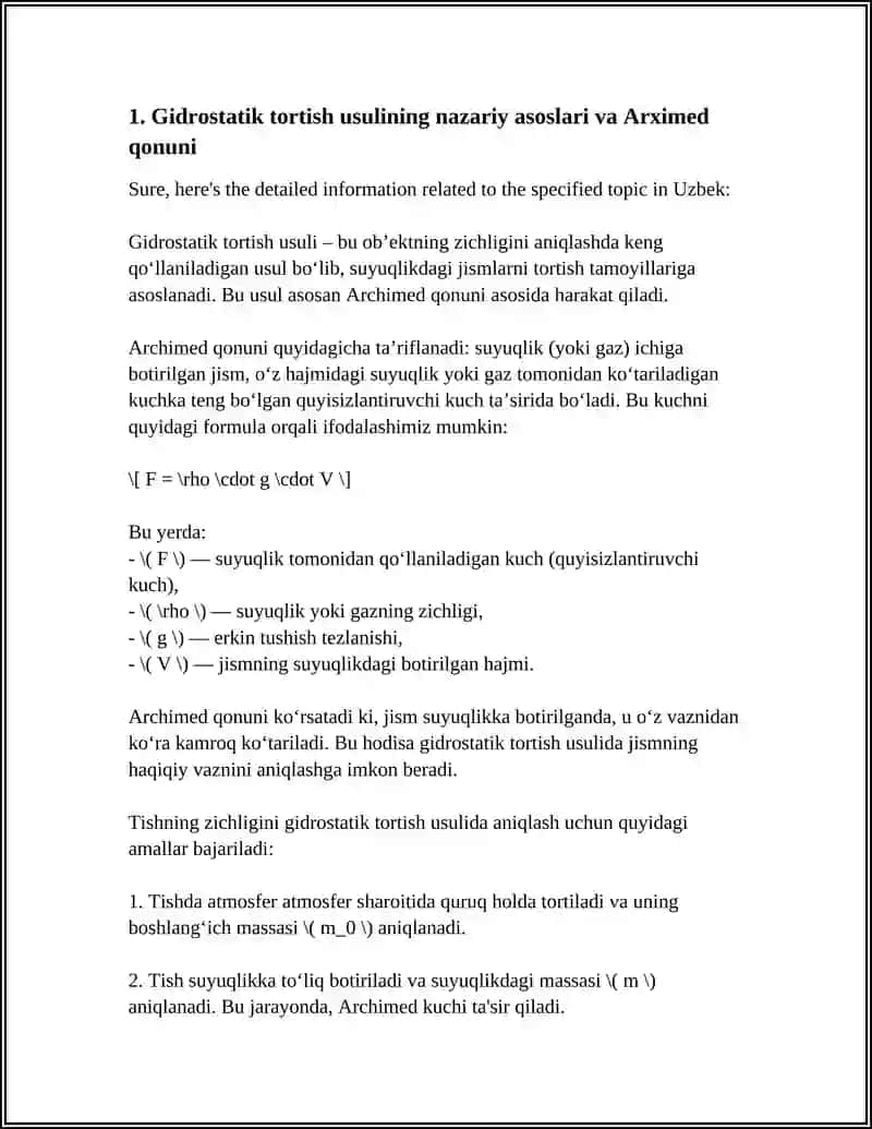 TISHNING ZICHLIGINI GIDROSTATIK TORTISH USULIDA ANIQLASH 4