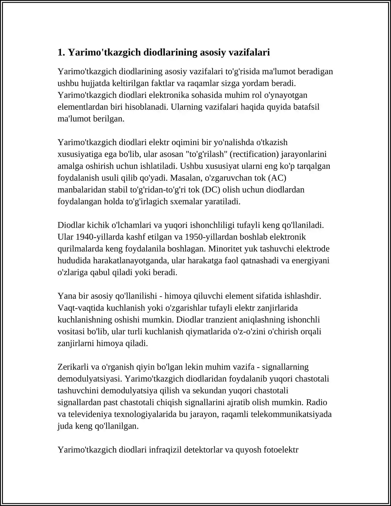 YARIMO'TKAZGICH DIOD TURLARI: TO'G'IRLOVCHI, STABILITRON, VARIKAP, SHOTTKI BAR'ERILI, TUNNEL VA O'GIRILGAN, GENERATSIYALOVCHI 4