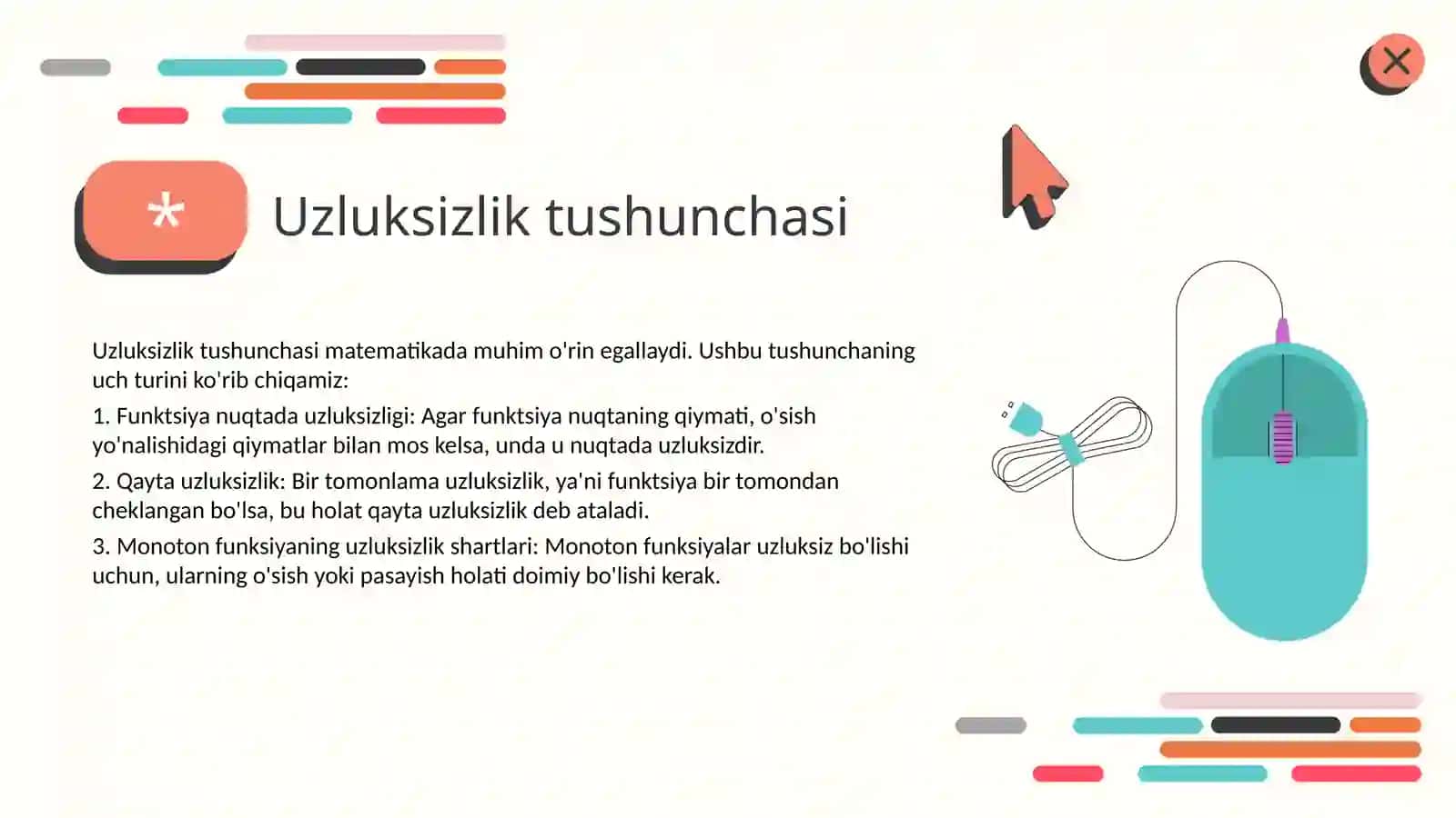 Funksiya nuqtada uzluksizligining tariflari.Bir tomonli uzluksizligi.Monoton funksiyaning uzluksizlik sharti 4