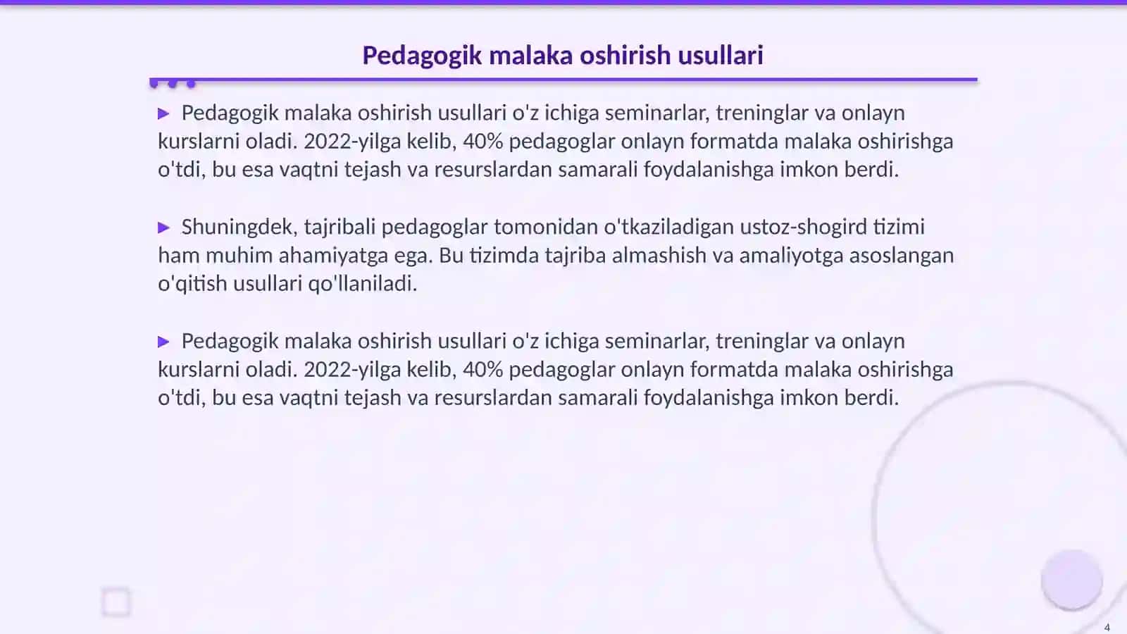 Pedagogning kasbiy rivojlanishini taʼminlash usullari 4