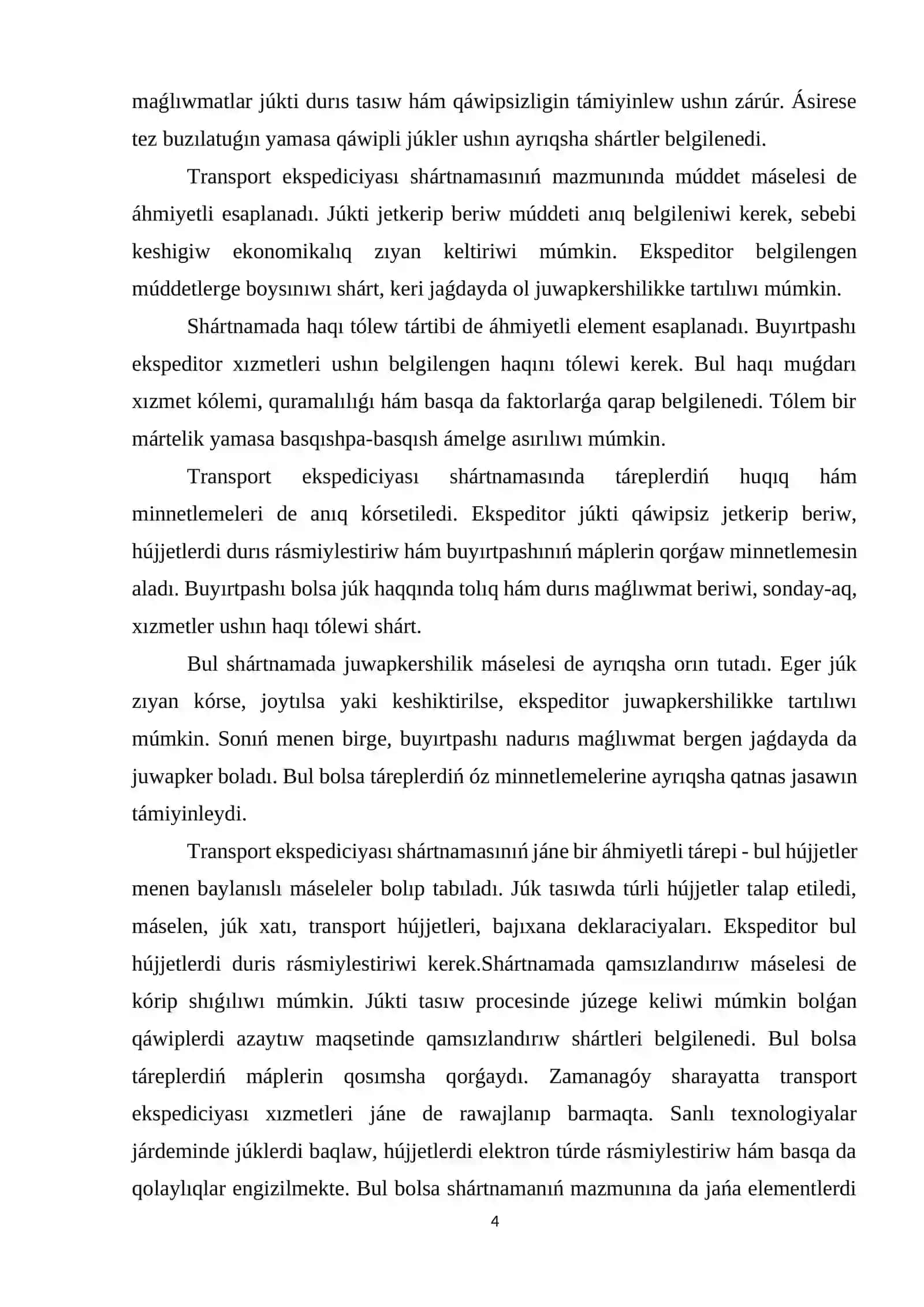 Transport ekspеdiciyası shártnaması shártlеrin buzǵanlıǵı ushın juwapkеrshilik hám shártnamanıń biykar bolıw tiykarları 4