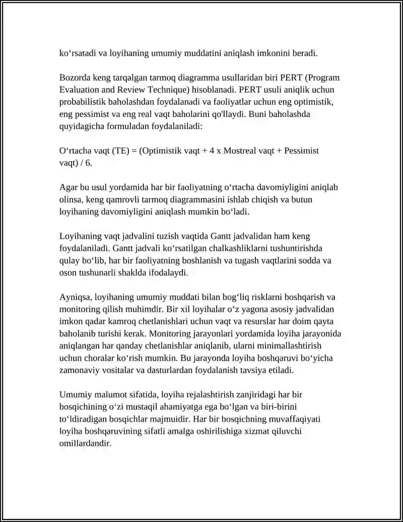 VAQT PARAMETRLARI BOYICHA LOYIHANI BOSHQARISHNING ASOSIY PARAMETRLARI 4