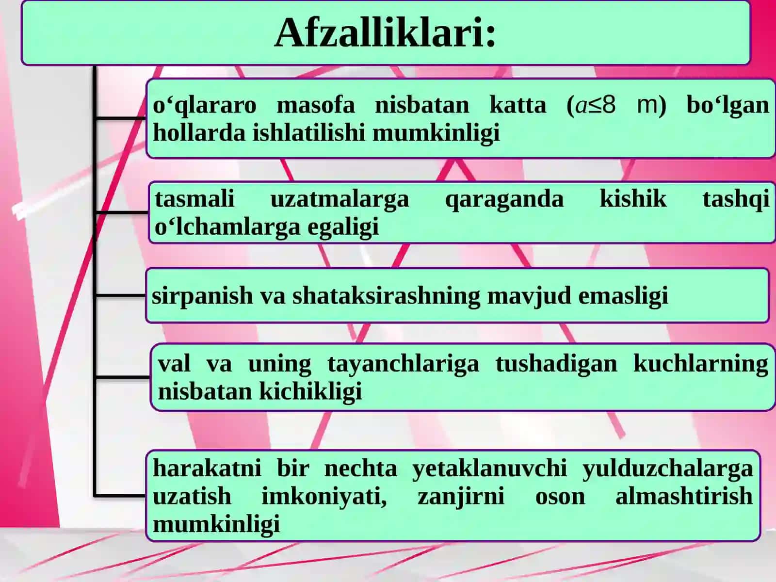 Zanjirli uzatmalar.Zanjir,yulduzchalarningtuzilishivaularuchunishlatiladiganmateriallar.Zanjirliuzatmalarnihisoblash 4