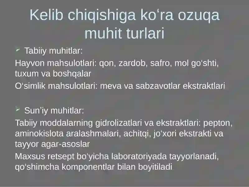 Ozuqa muhitlar. Ozuqa muhitlarni tayyorlash tamoyillari 4