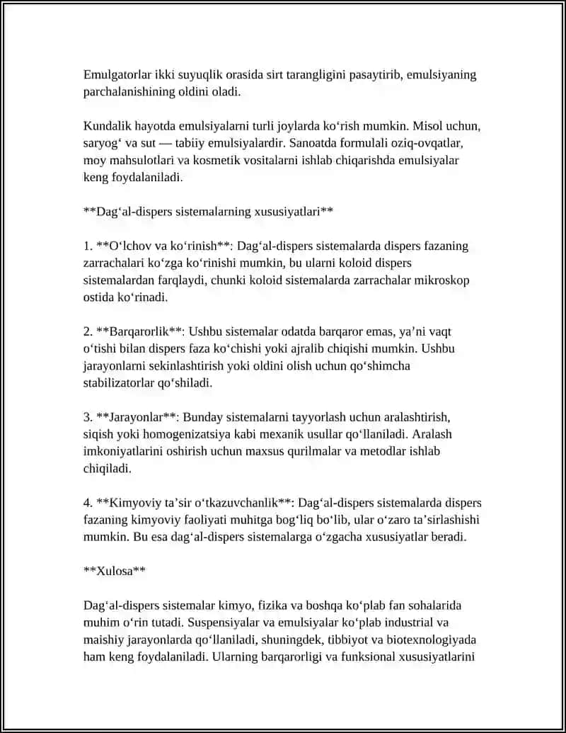 Dagʻal-dispers sistemalar: Taʼrif va Tasnif (Suspensiyalar va Emulsiyalar) 4