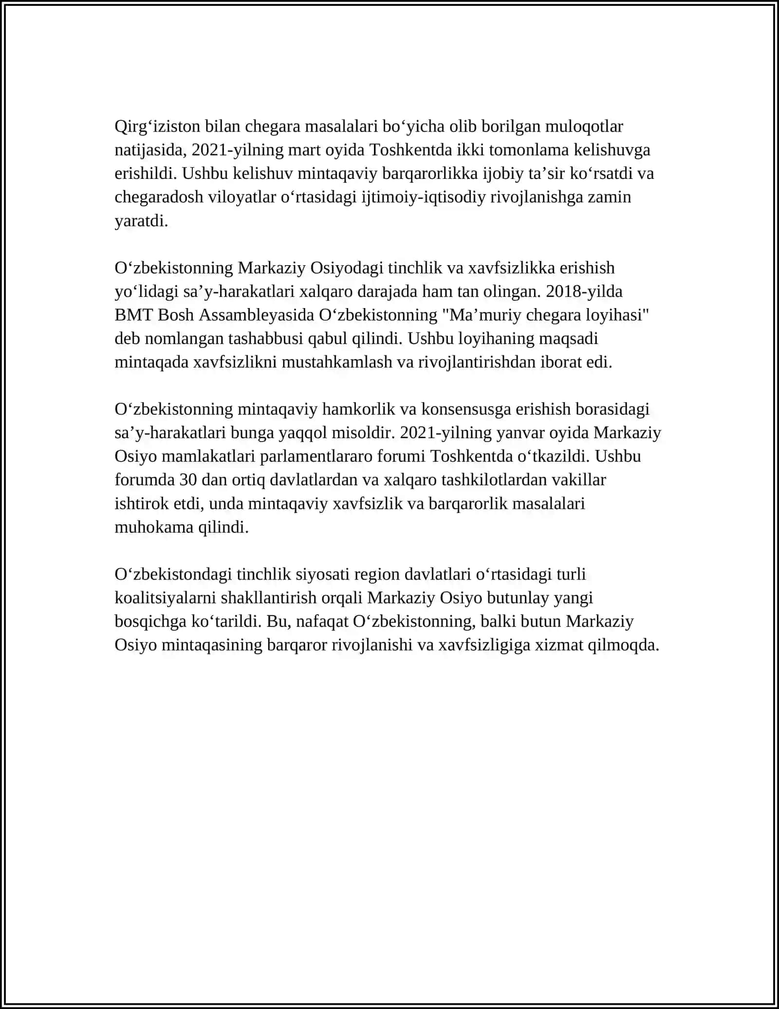 Oʻzbekistonning Markaziy OSIyoda Tinchlik va Barqarorlikni Taʼminlashdagi Oʻrni 4