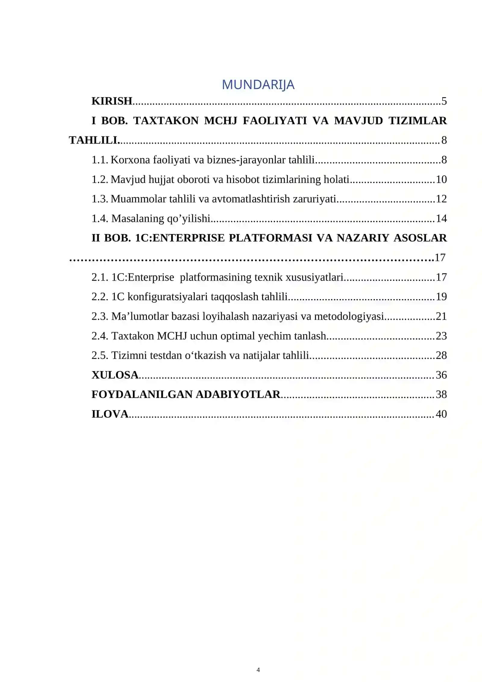 Taxtakon MCHJ ning 1C: ENTERPRISE platformasida ma’lumotlar bazasi hisobini avtomatlashtirish 4
