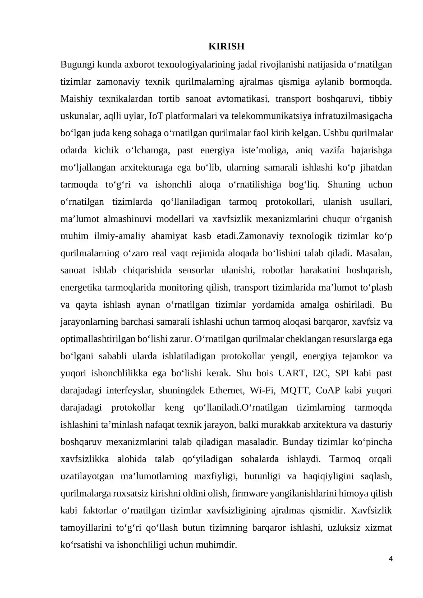 O‘RNATILGAN TIZIMLAR TARMOQLAR VA PROTOKOLLAR KURS ISHI ISHIGA HISOBOT YOZUVI 4