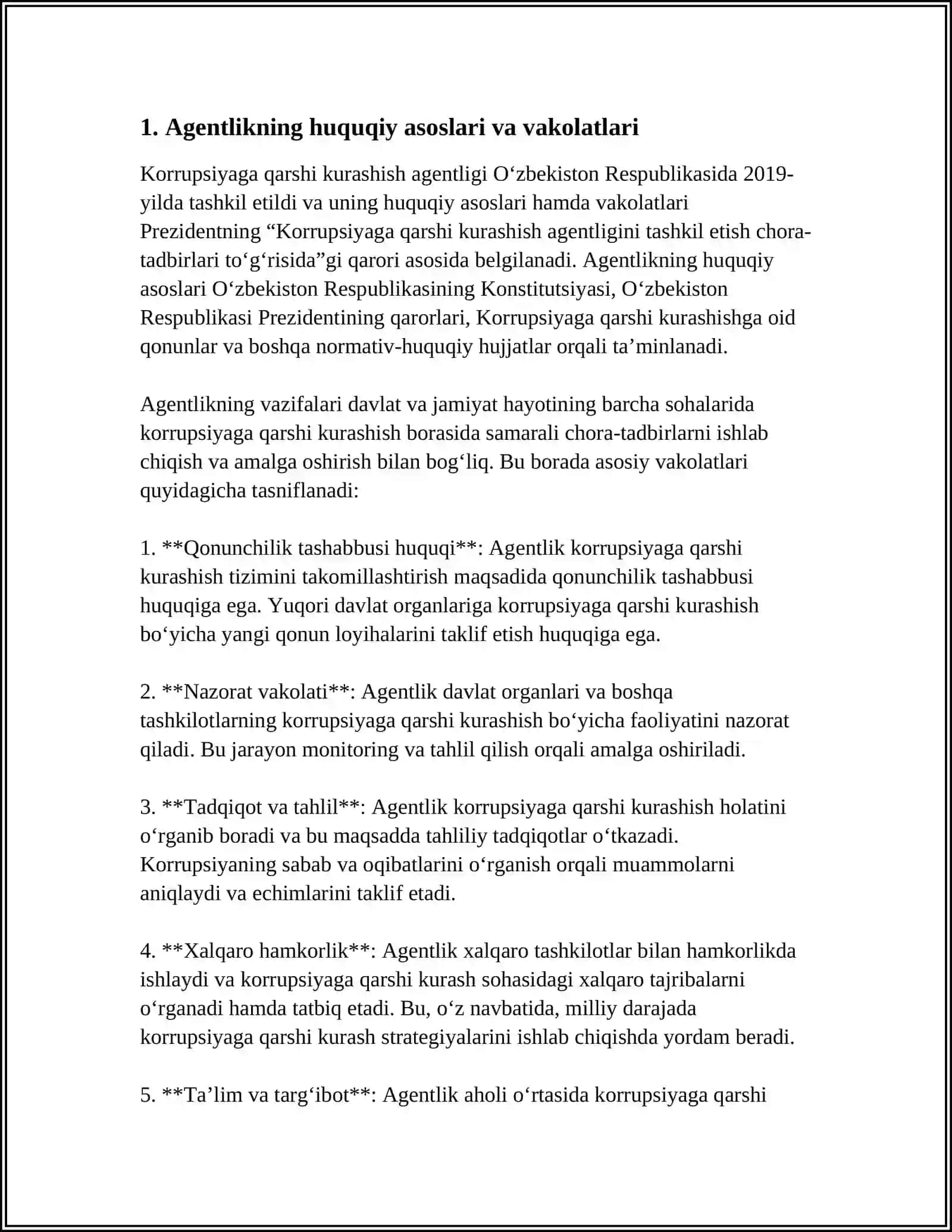 KORRUPSIYAGA QARSHI KURASHISH AGENTLIGI ASOSIY FAOLIYAT YO'NALISHLARI VA VAKOLATLARI 4