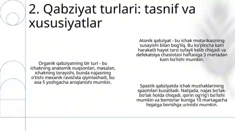 Meteorizm, qabziyat turlari va davolash usullari (disbakterioz) simptomatik davolash tamoyillari 4