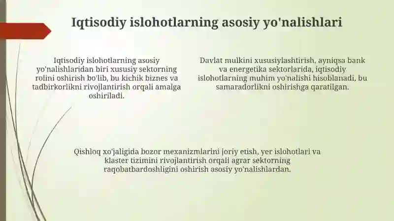 O'zbekistonda iqtisodiy islohotlarning amalga oshirilishi iqtispdiyotning rivojlanishi 4