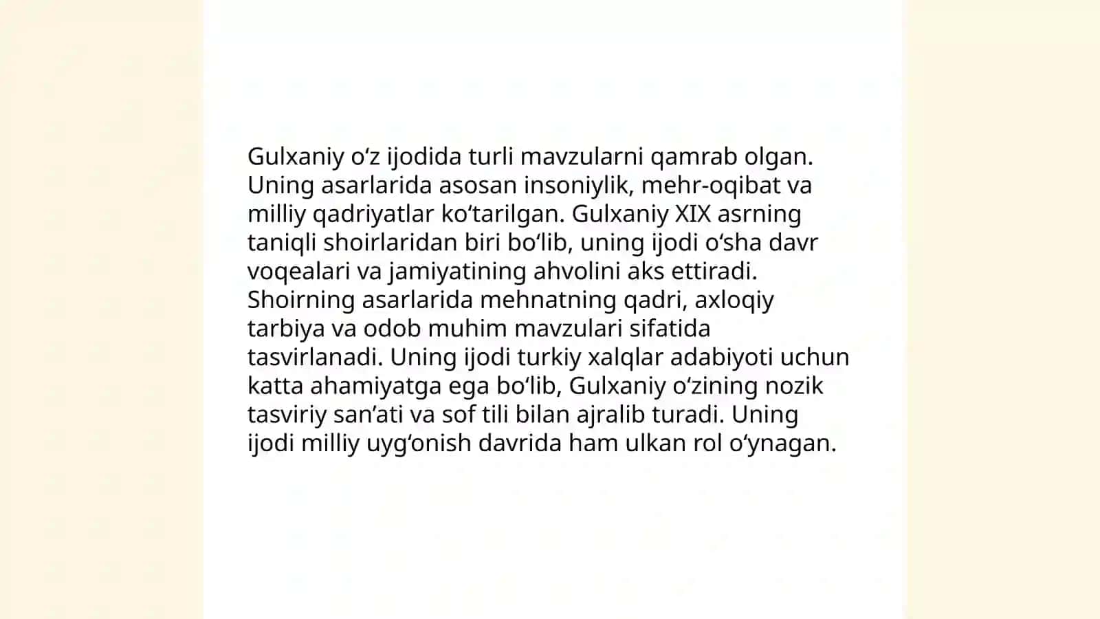 Mashrab, Gulxaniy, Maxmur, Nodira, Uvaysiy, Ogahiy, Muqimiy, Furqat, Zavqiy, Avaz O'tar she'riy asarlari matni ustida ishlash 4