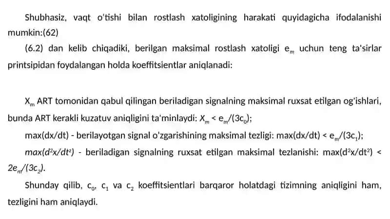 Chiziqli avtomatik boshqaruv tizimlarining holati va tezligi bo'yicha xatolik koeffitsientlarini aniqlash 4