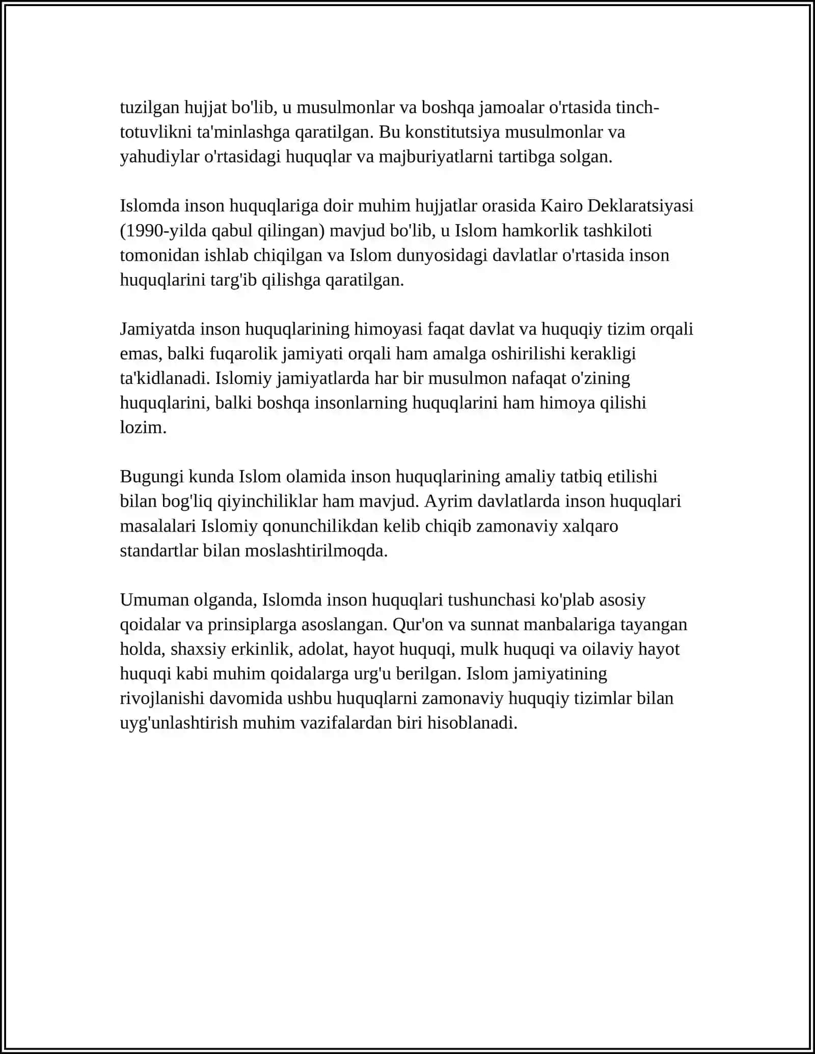 ISLOMDA INSON HUQUQLARI HIMOYASI, IJTIMOIY TENGLIK, ADOLAT VA TOLERANTLIK MAVZUSIDA MUSTAQIL ISH 4