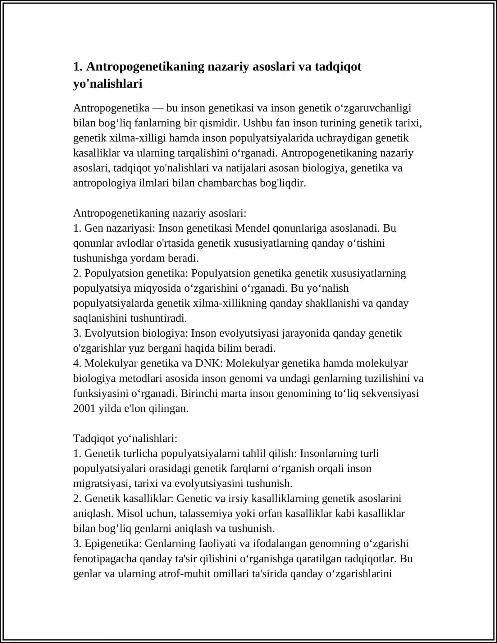 ANTROPOGENETIKA. ODAM IRSIYATINI ÓRGANISH USULLARI, GENEOLOGIK, EGIZAKLAR, POPULATSION, SITOGENETIK, DERMATAGRAFIKA, BIOKIMYOVIY. PRENATAL DIAGNOSTIKA 4