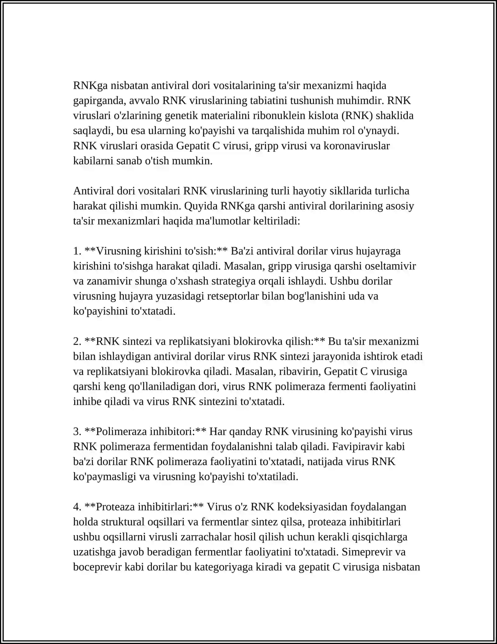 VIRUSLAR VA ÒSMALARGA QARSHI DORI VOSITALARINING TA'SIR MEXANIZMLARI(DNK,RNK,FERMENTLARIGA NISBATAN) 4