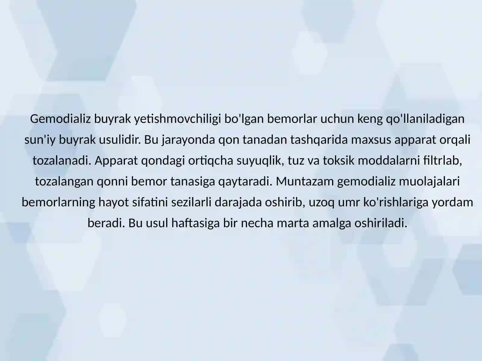 O'rinbosar terapiya: gemodializ, plazmaferez. Buyrak 6 tansplantatsiyasi. Buyrak transplantatsiyasidan keyin resepiyentni erta parvarishlash uchun algoritm 4