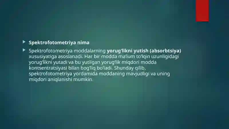 SPektrofotometriya asoslari va undan tibbiy biologik tahlillarda foydalanish 4