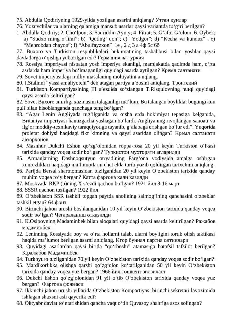 O‘zbеkistоn tаriхi fаnidаn 3-kurs tаlаbаlаri uchun оrаliq vа yakuniy tеstlаr 4