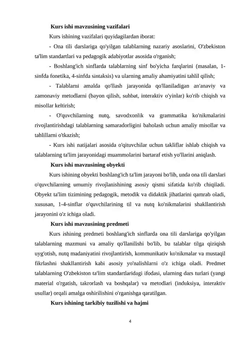 Boshlang'ich sinf ona tili darslariga qoʻyiladigan talablar mavzusi 4