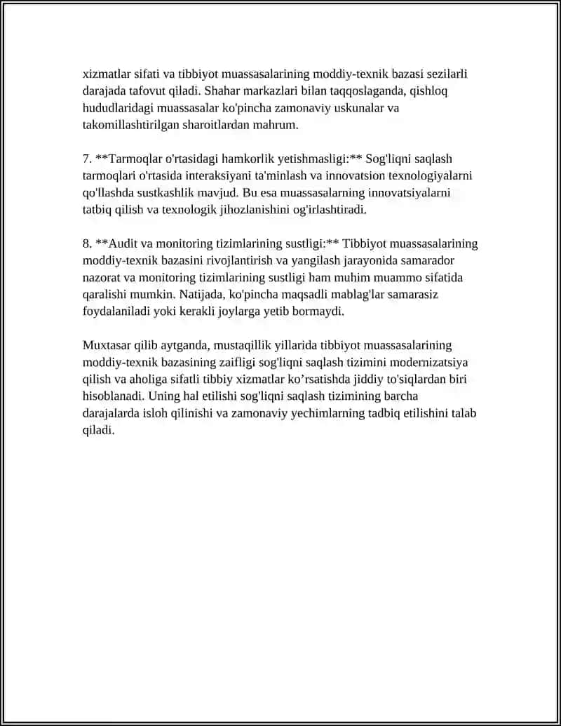Tibbiyot muassasalarining moddiy-texnik bazasining zaifligi 4