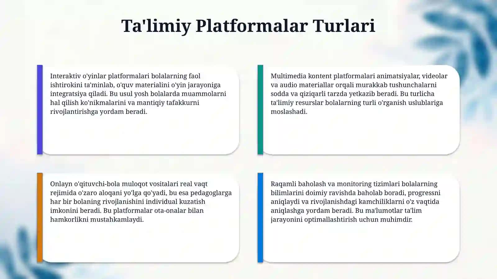 Maktabgacha taʼlim tizimidagi taʼlimiy platformalardan foydalanish va ularning samaradorligini monitoring qilish 4