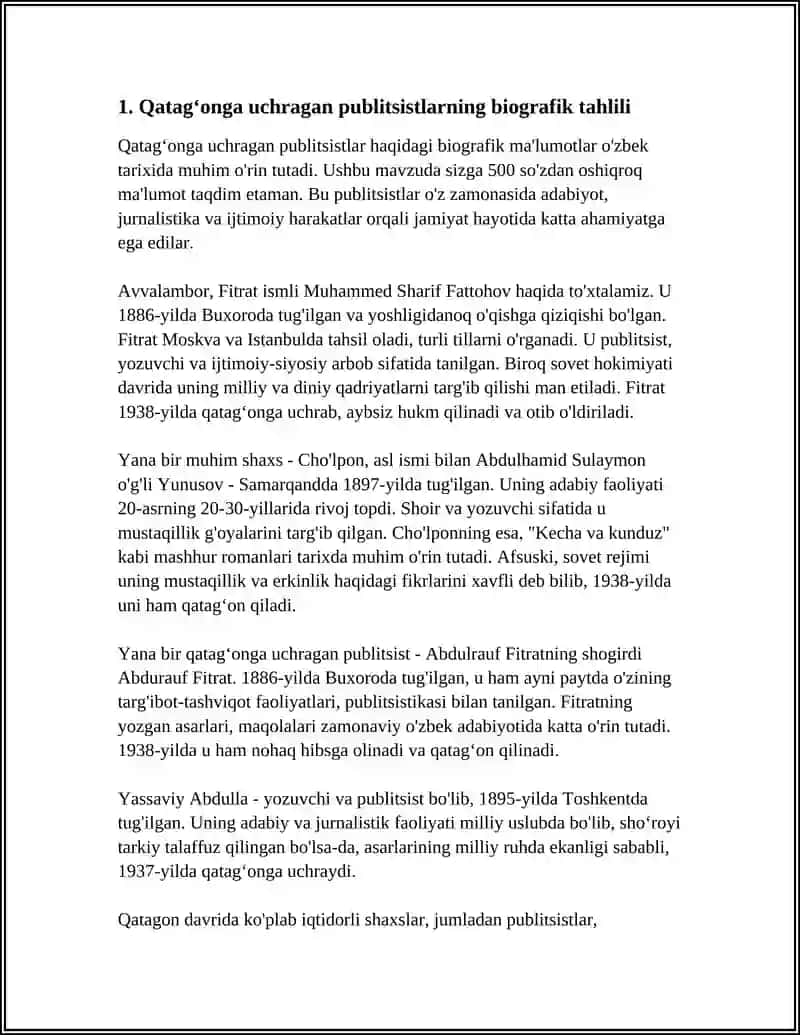 SHOʻROLAR DAVRI QATAGʻONGA UCHRAGAN PUBLITSISTLAR FAOLIYATINI OʻRGANISH 4