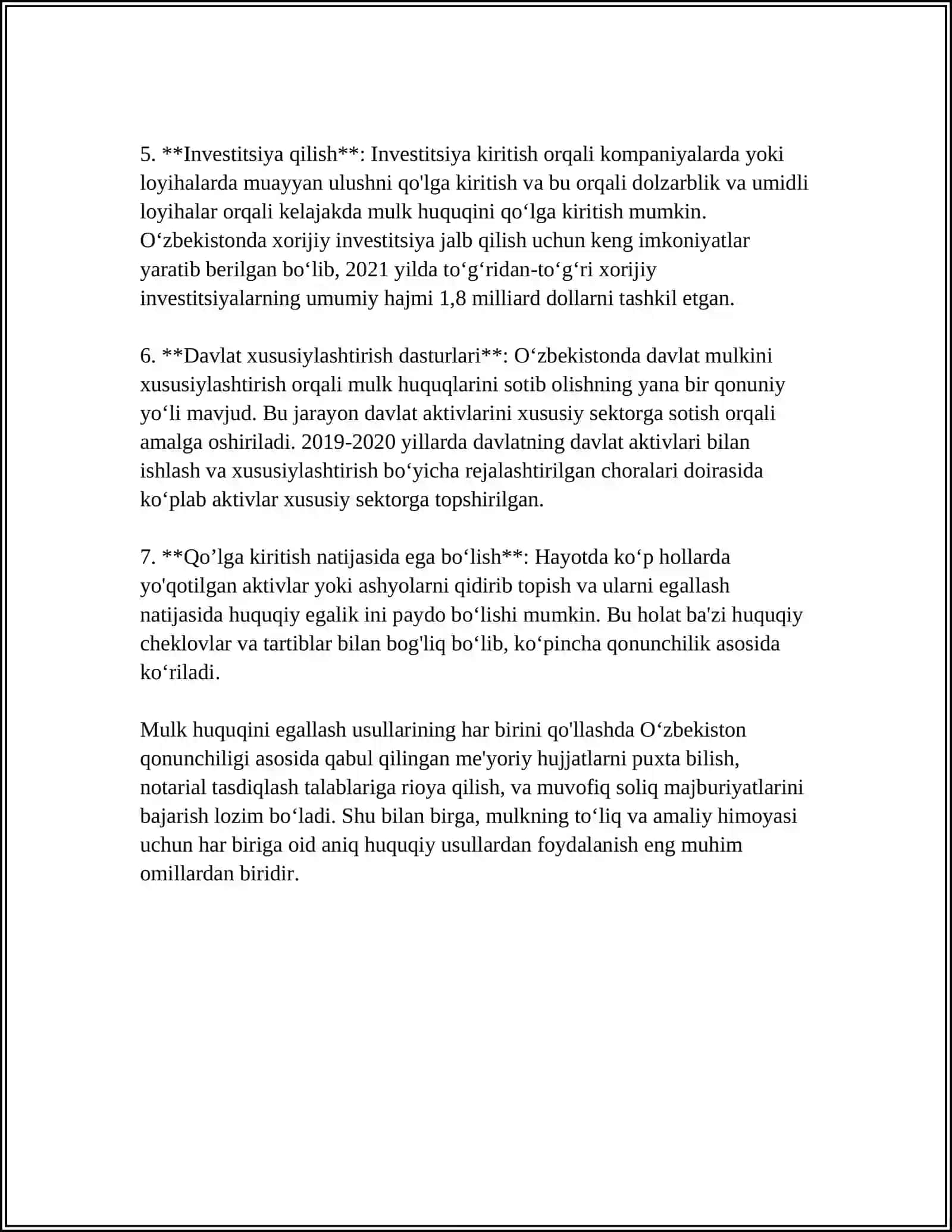 MULK HUQUQINI EGALLASH, OG'IRLASHTIRISH VA YO'QOTISH: MULK HUQUQINI QO'LGA KIRITISH USULLARI; OG'IRLIKLAR VA ULARNING MULK HUQUQIGA TA'SIRI; EGALIK HUQUAINI YO'QOTISH VA OQIBATLARI 4
