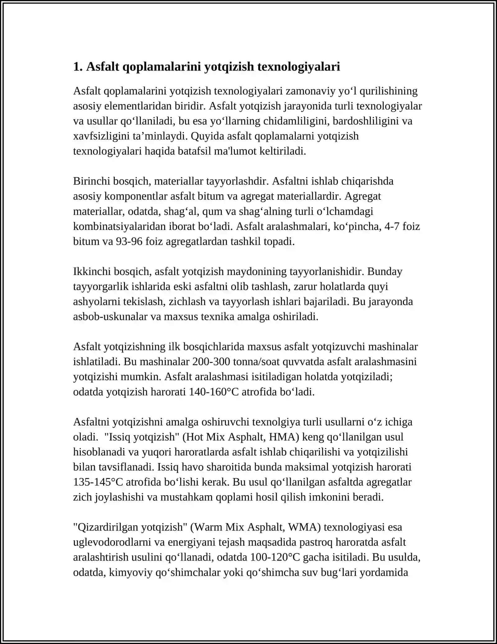 AVTOMOBIL YOʻLLARINI QURISH, REKONSTRUKSIYA QILISH, TAʼMIRLASH, SAQLASH ISHLARI 4