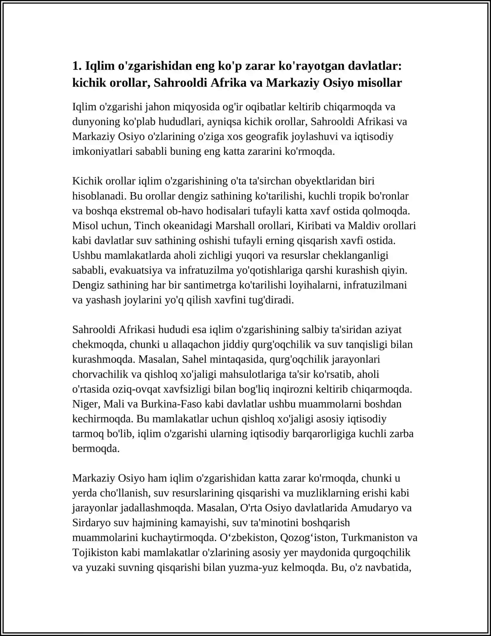IQLIM OʻZGARISHI KIMGA "QIMMATGA TUSHYAPTI"? (IQLIM OʻZGARISHIDAN ENG KOʻP ZARAR KOʻRAYOTGAN DAVLATLAR VA NEGA BU HOLAT ADOLATSIZ BOʻLISHI MUMKINLIGINI TAHLIL QILISH) 4