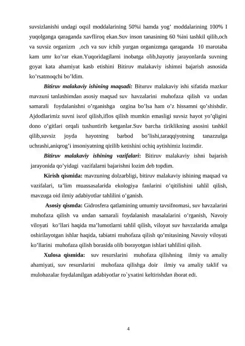 "Tabiiy suv havzalarini muhofaza qilish va undan samarali foydalanish. (Navoiy viloyati misolida)" mavzusidagi MALAKAVIY BITIRUV ISHI 4