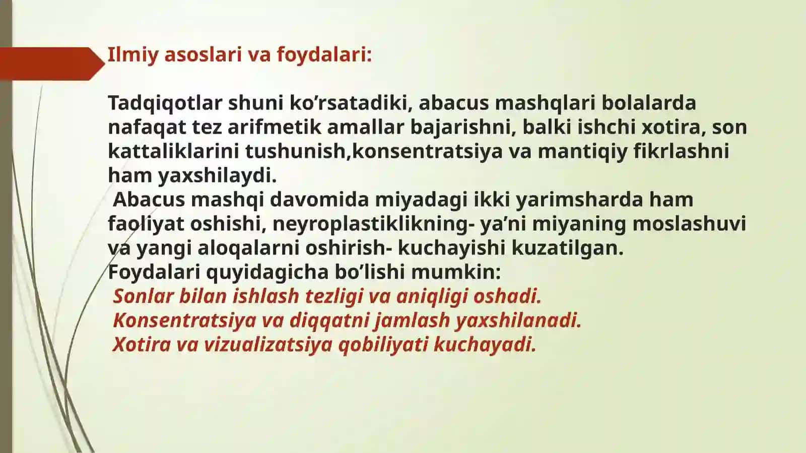 Mental arifmetika  va abacus yordmida sonlarni o'rganish.Mental arifmetikaga oid misollar 4