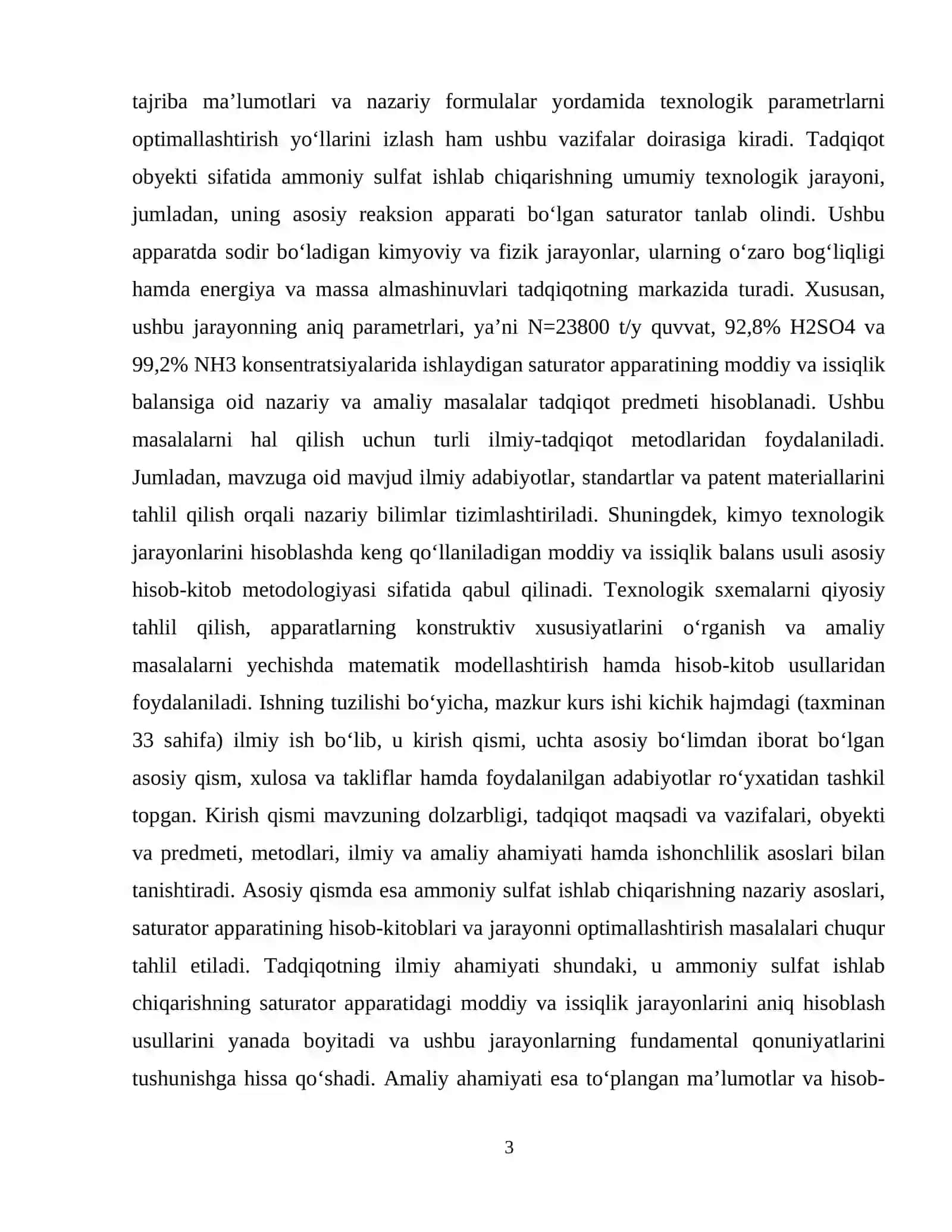 Saturator Aparatining mukammal hisobi bilan ammoniy sulfat ishlab chiqarish moddiy va issiqlik hisoblari N=23800 t/y  (NH4)2SO4  C (H2SO4) =92,8 % C(NH3) = 99.2% 4