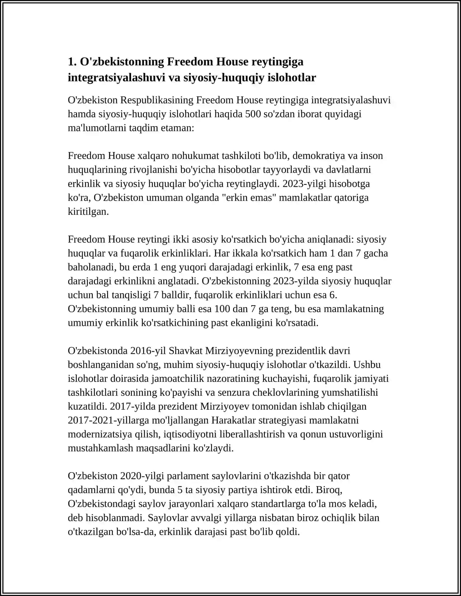 SIYOSIY-HUQUQIY SOHADAGI USTUVOR XALQARO REYTINGLAR VA ULARGA O'ZBEKISTONNING INTEGRATSIYALASHUVI 4