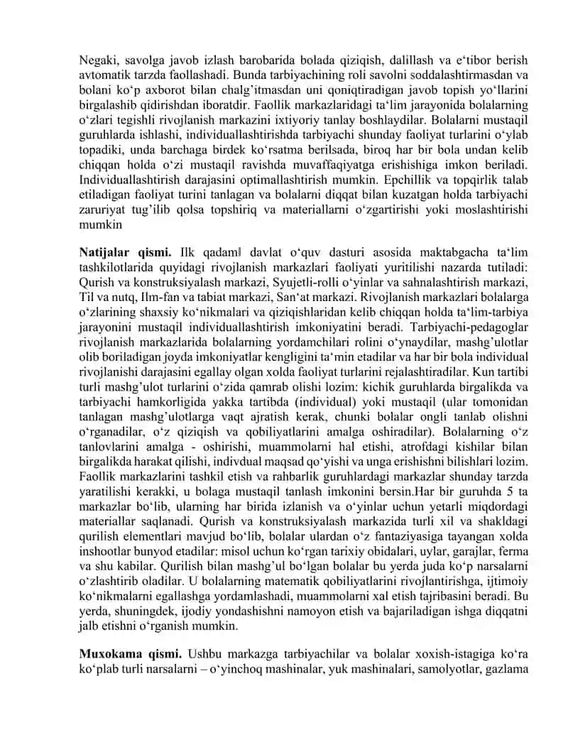 REFARAT "Maktabgacha ta’lim tashkilotida rivojlantiruvchi markazlarni tashkil etish " MAVZUSIDA 4
