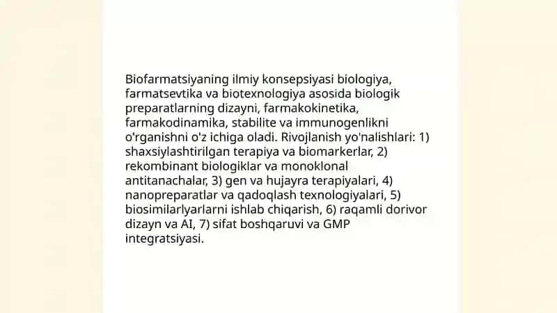 Biofarmatsiyaning asosiy yoʻnalishlari,konsepsiyasi 4