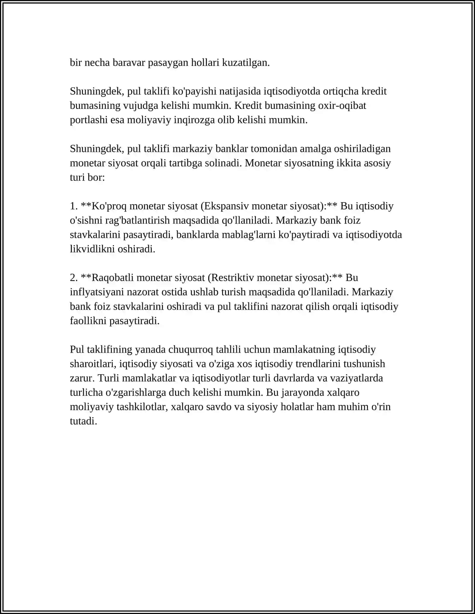 Pul Taklifi Va Pulga Bo'lgan Talab Hamda Ularni Belgilovchi Omillar 4