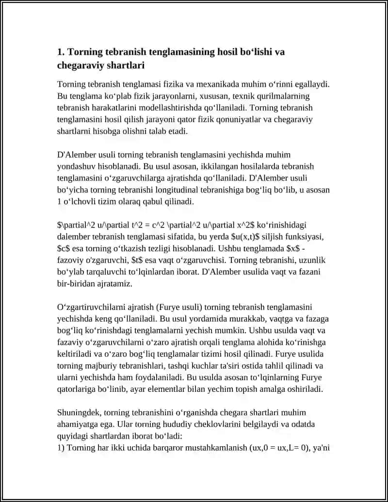 TORNING TEBRANISH TENGLAMASINI DALAMBER USULI VA O'ZGARUVCHILARINI AJRATISH (FURE) USULI BILAN YECHISH 4