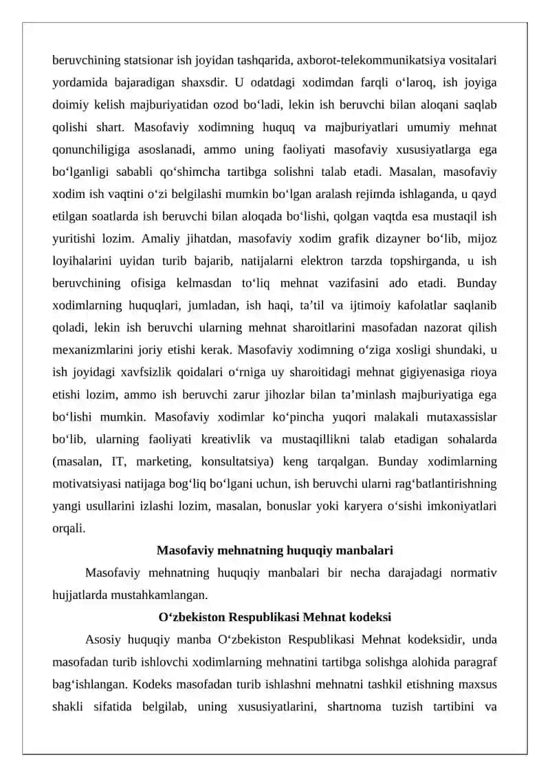 Masofadan turib ishlovchi xodimlarning mehnatini huquqiy jihatdan tartibga solishning o’ziga xos xususiyatlari 4