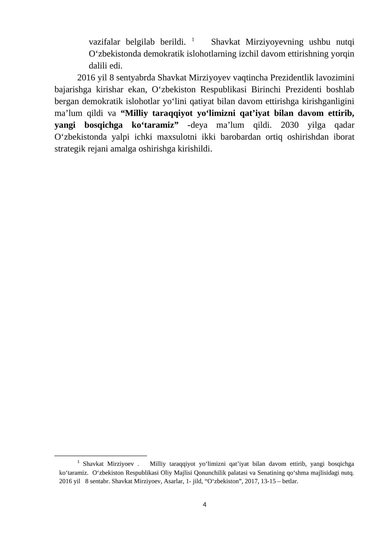 "O‘ZBEKISTON RESPUBLIKASI PREZIDENTI SH.MIRZIYOYEV ASARLARIDA DAVLAT BOSHQARUVI MASASALARI (2017-2021 YILLAR)" 4