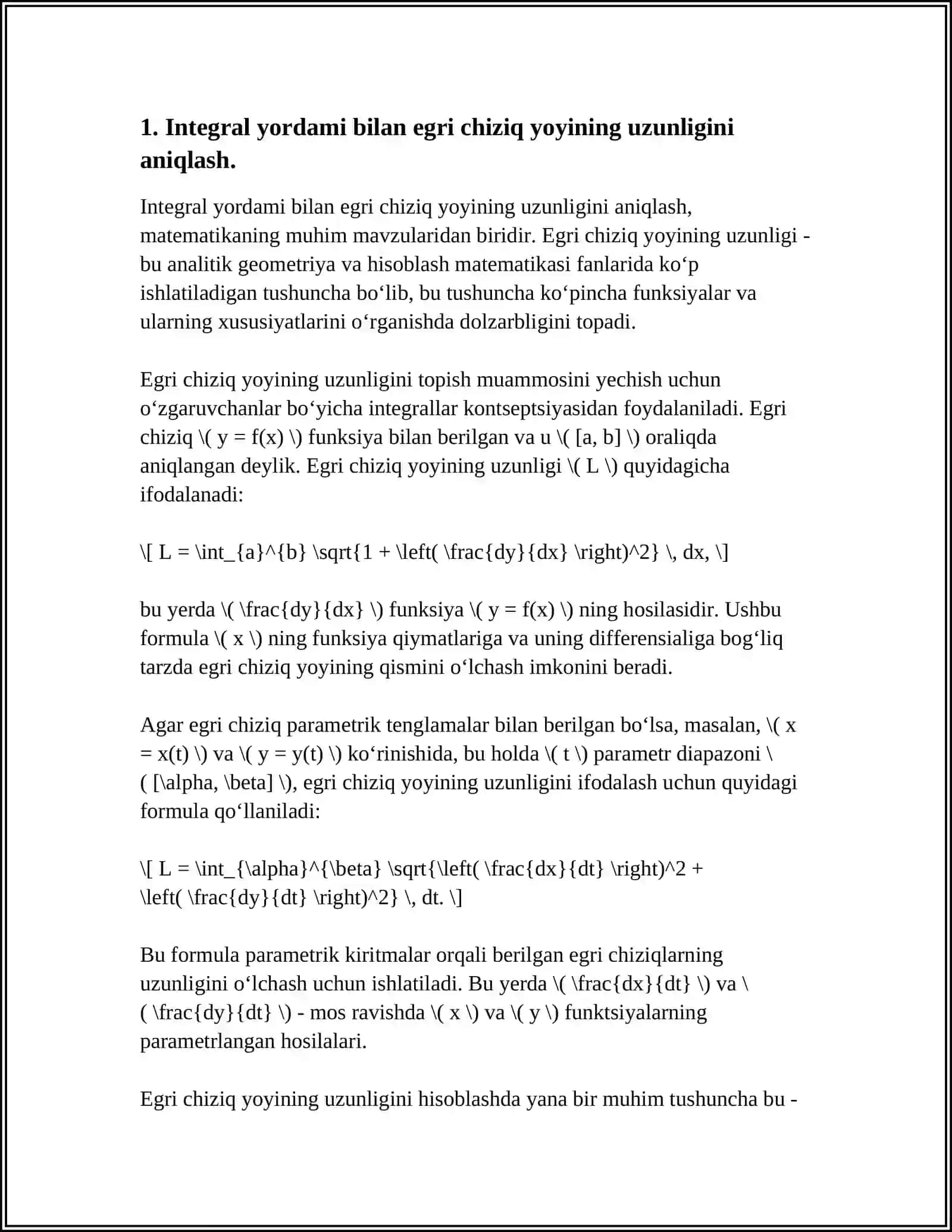 ANIQ INTEGRAL YORDAMIDA EGRI CHIZIQ YOYI UZUNLIGINI 4