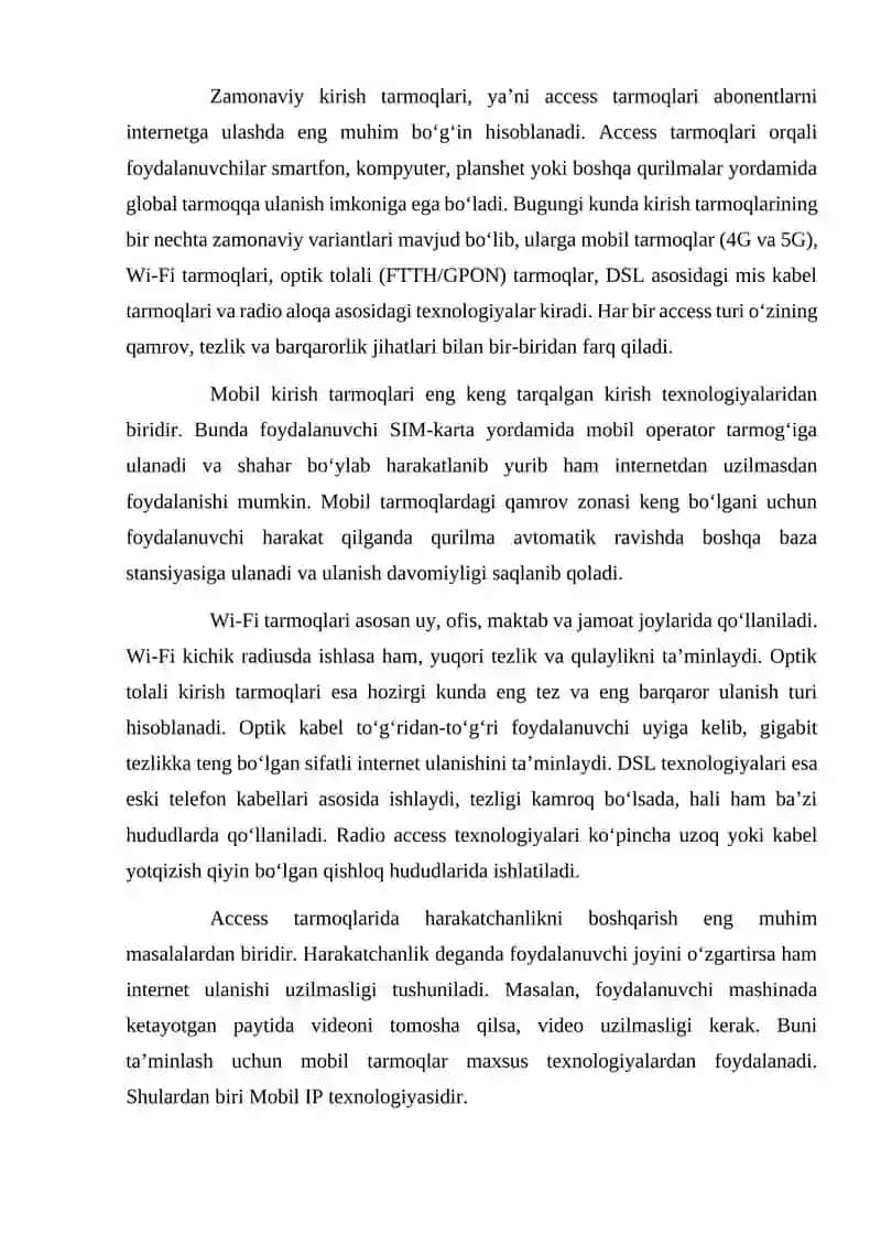 Zamonaviy kirish (access) tarmoqlarida harakatchanlikni boshqarish: Mobil IP va IP manzillash 4