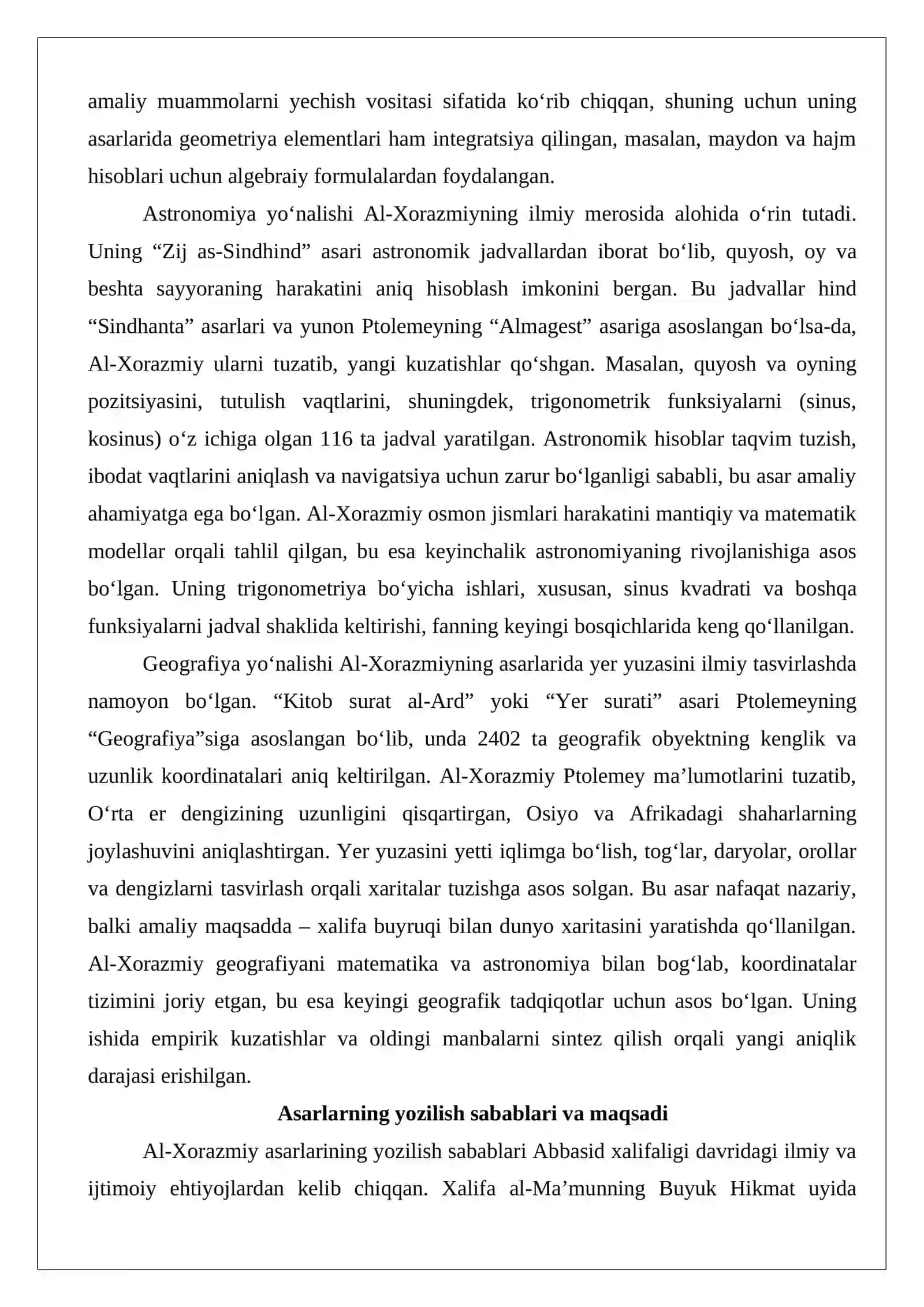 Muhammad ibn Muso al-Xorazmiy (783-850) asarlarining roʻyxatini tuzish hamda ularning bugungi kunda saqlangan makonlari 4