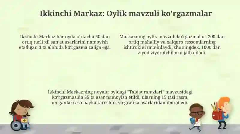 Rivojlanish markazlari turlari 5 ta rivojlantiruvchi markazlar uchun oy mavzusiga doir ko‘rgazmalar 4